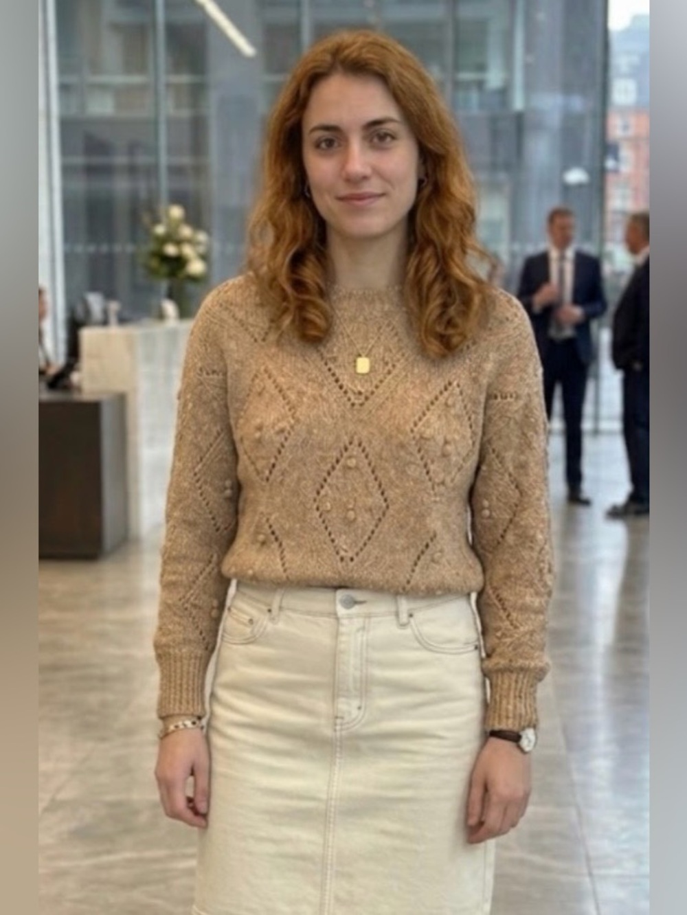 LOFT Tan Crochet Diamond Crewneck Sweater